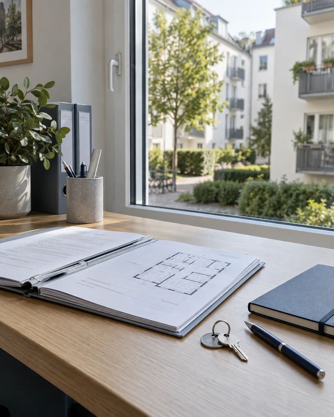Objektmappe und Schlüssel auf einem Schreibtisch mit Blick auf ein Wohnhaus, KI-generiertes Motiv